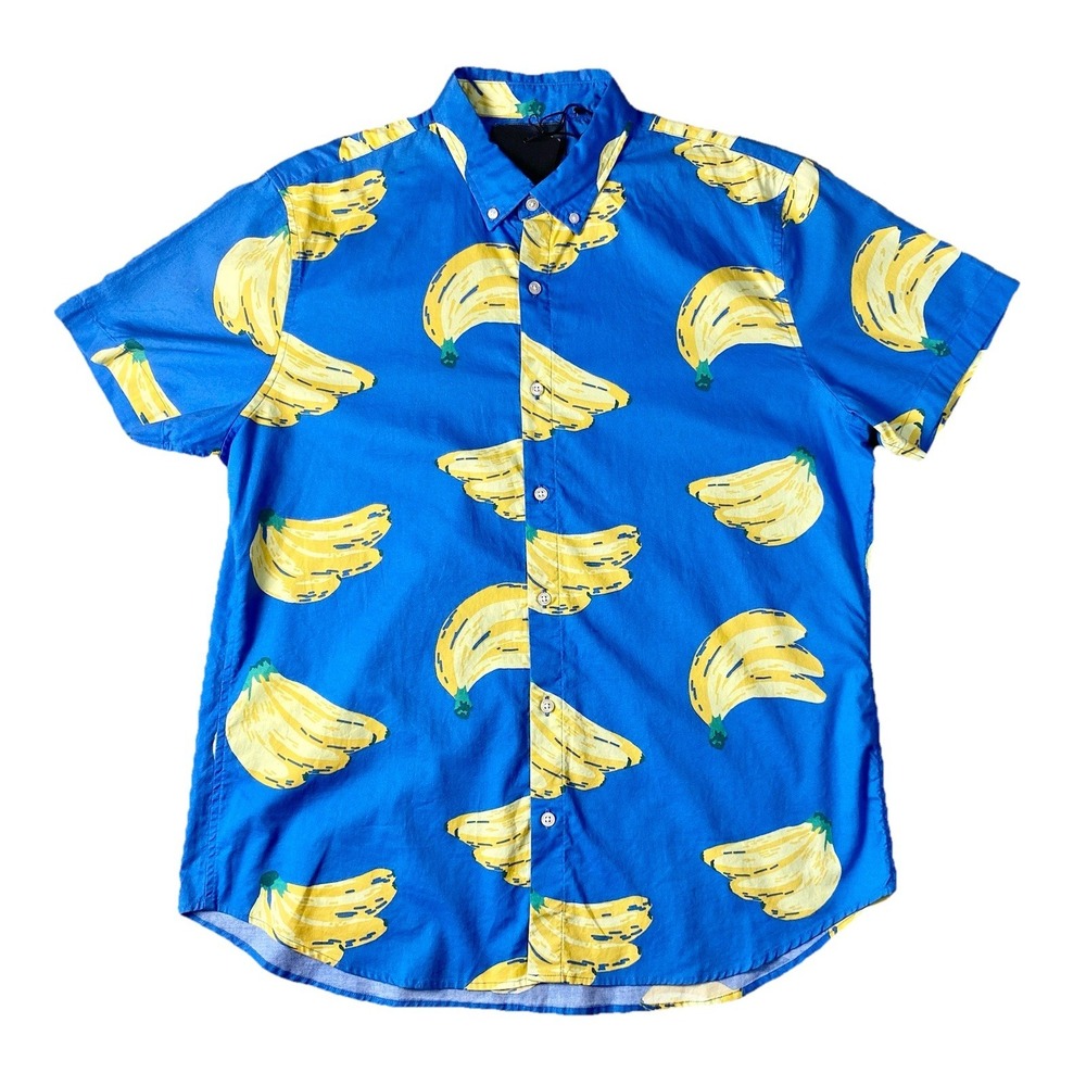 BONOBOS XL Slim Fit Blue Banana Print Cotton Colorful Short Sleeve Shirt NWT